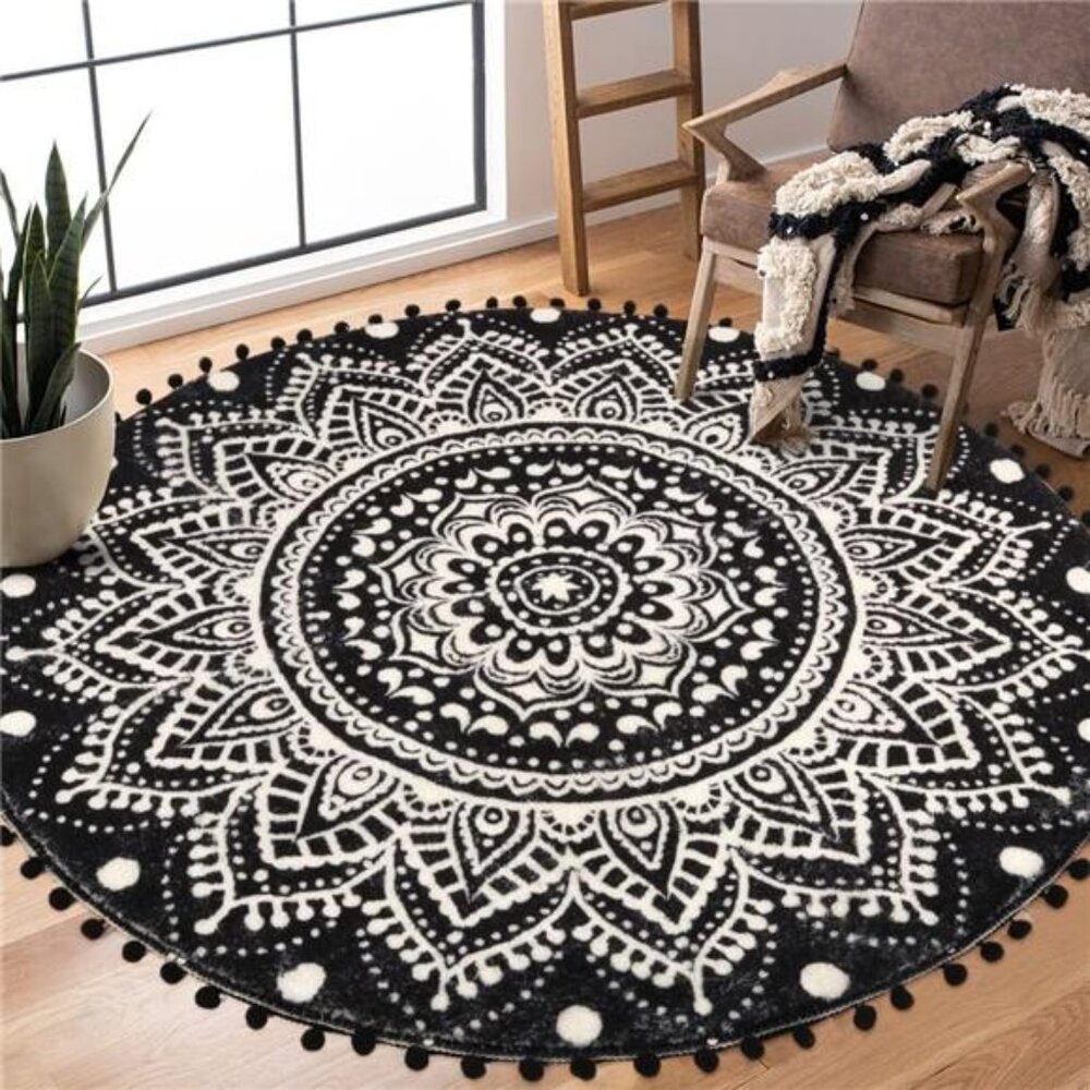 Uphome Boho Round Rug for Living Room 4' Circular Black Mandala Area Rug